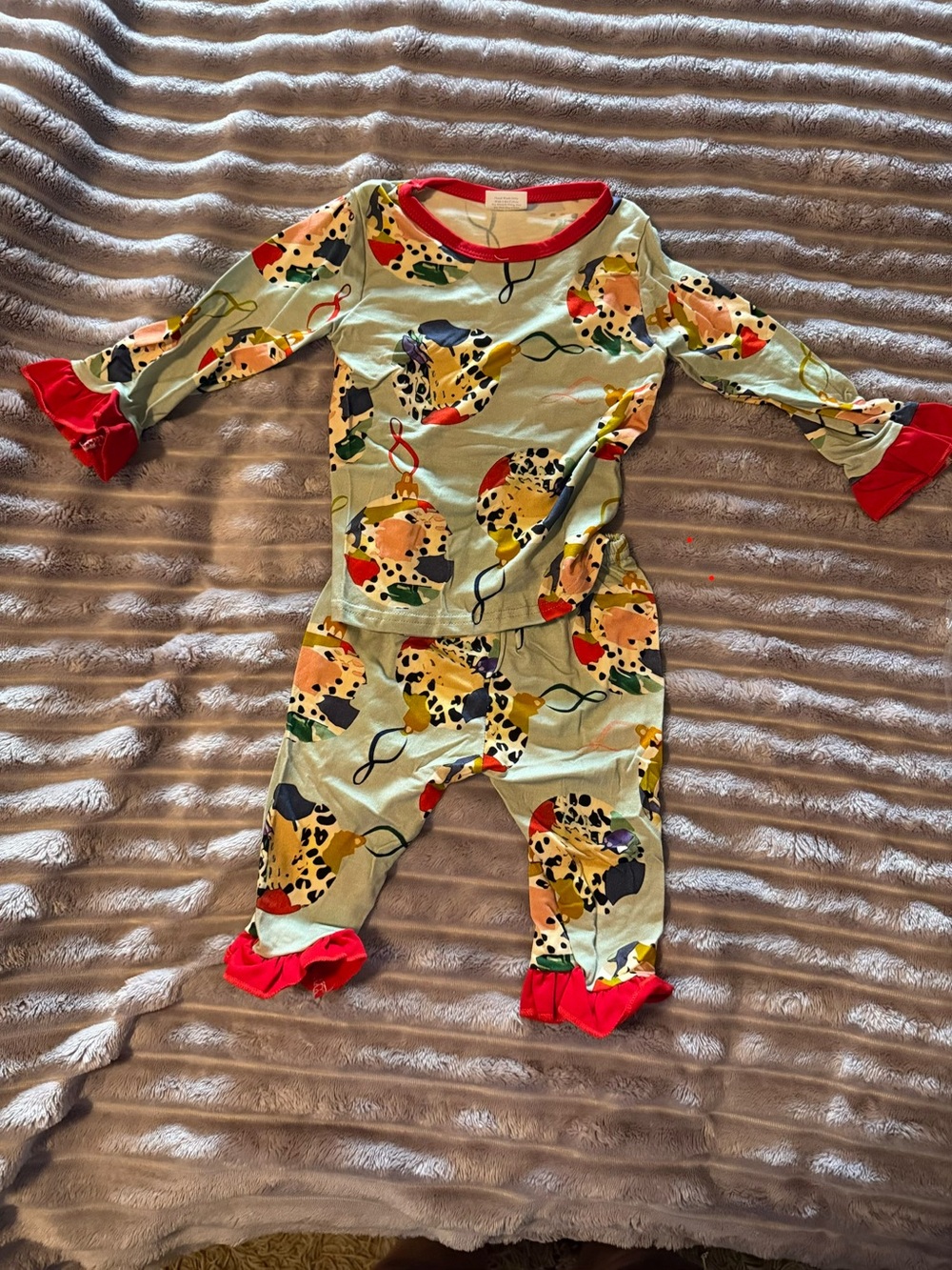 Kids' Multicolor Christmas Print Ruffle One-Piece bamboo Bodysuit - Red Trim